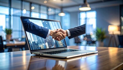 Realistic photo of a video call on a laptop screen showing two professionals shaking hands virtually, one in a home office and one in a corporate office, symbolizing remote collaboration