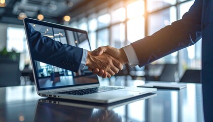Realistic photo of a video call on a laptop screen showing two professionals shaking hands virtually, one in a home office and one in a corporate office, symbolizing remote collaboration