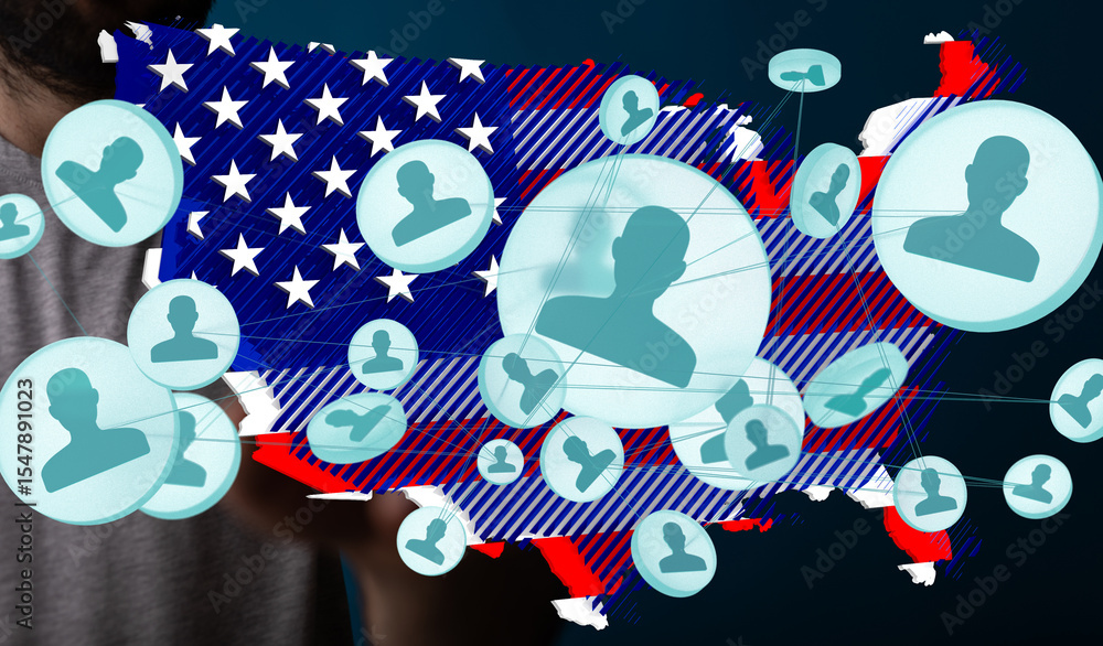 Poster Visual representation of social connections and networking within the United States.