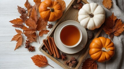 A flat lay of autumn elements: dried leaves, cinnamon sticks, pumpkins, and a warm drink