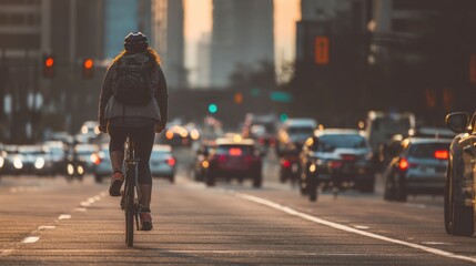 A person biking to work past traffic, reducing emissions and living the low-carbon lifestyle