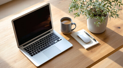 Creative workspace setup featuring a laptop, coffee, and a plant in a sunny interior