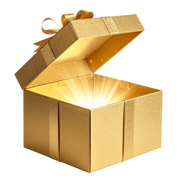 Golden holiday gift box with opened lid and glowing light inside isolated on transparent background PNG
