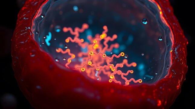 A vibrant, glowing virus structure is seen within a host cell, illustrating the microscopic world of pathogens and biological processes