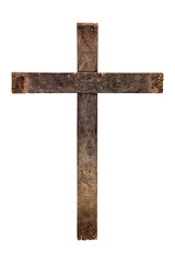 Old wooden Christian cross isolated on white background