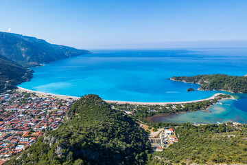 Obraz premium The Oludeniz Beach drone view from hill in Fethiye Town of Turkey