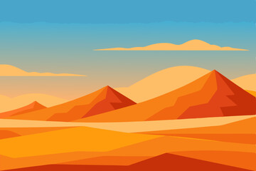 Vector illustration of Egyptian pyramids at sunset, a desert landscape with dunes and mountains under an orange sky