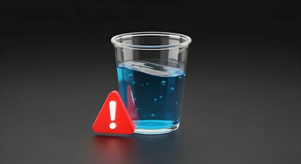 Warning sign next to a clear cup filled with blue liquid on a dark background