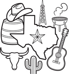 Texas Line Art Illustration Cowboy Hat Barrel Star Guitar Cactus Oil Derrick Grill vector