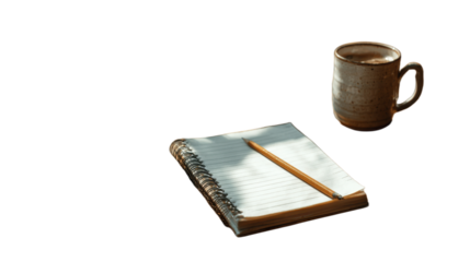 Notebook with a pencil and a cup of coffee on top of it. 3D png transparent background
