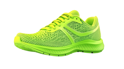 Neon green running shoes with breathable mesh, Transparent background, PNG fil