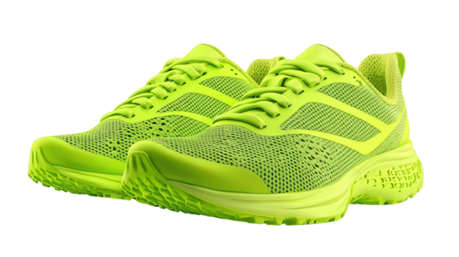 Neon green running shoes with breathable mesh, Transparent background, PNG fil