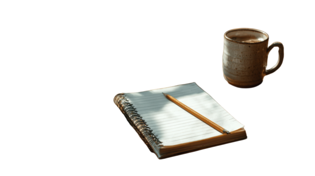 Notebook with a pencil and a cup of coffee on top of it. 3D png transparent background