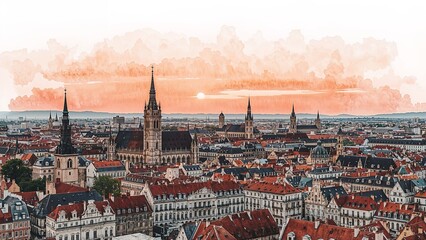 Fototapeta premium Crisp dawn in Munich line art style with watercolor textures illustration