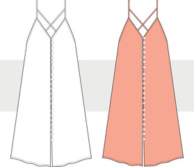 Women's V-Neck buttoned dress technical fashion illustration. Oversize cute summer long dress vector. Front view. Women CAD mockup set.