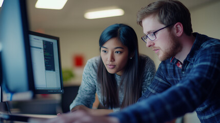 A diverse business team of two young professionals working together at a computer in a modern office. One is a manager consulting with an employee, focused, discussing a financial project