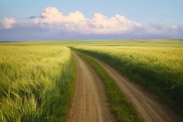 Obraz premium Summer natural landscape. Dirt road through a green wheat field. Sunrise over the field
