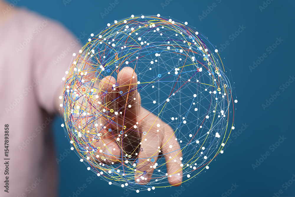 Poster Abstract image of a hand interacting with a digital globe, representing global connectivity and networking.