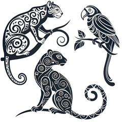 Ornate tribal style animals set isolated on transparent background