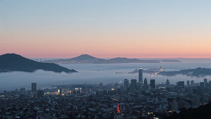 Fototapeta premium Evening fog in San Francisco line art style with watercolor textures illustration