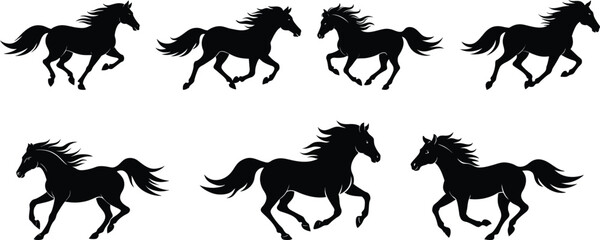 horse running silhouettes logo set vector art