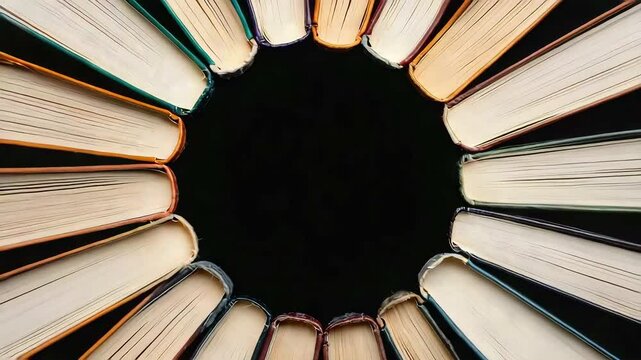 A collection of old hardcover books lying around a black empty space, spinning around their axis. Book movement, copy space