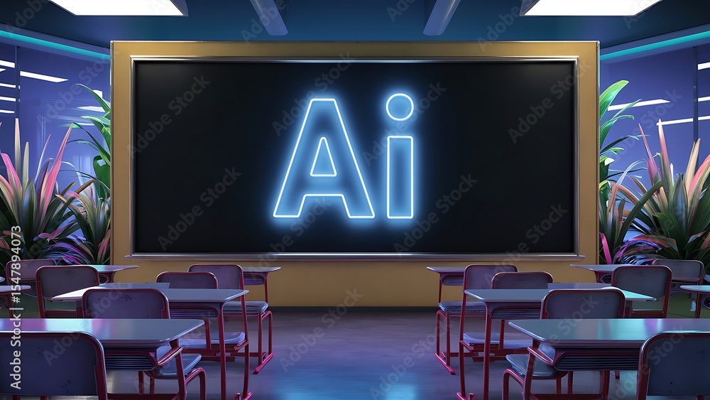 Fototapete rear view of a classroom and a neon sign displaying the letters ai on a black board in class in a fu