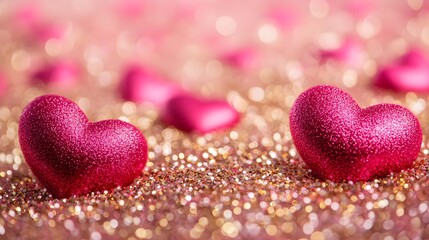 Obraz premium Pink heart, Glitter heart, Hearts, Pink Glitter Hearts on Gold Background