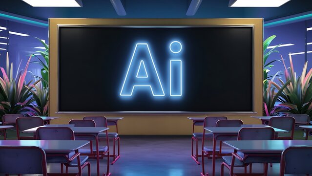 rear view of a classroom and A neon sign displaying the letters AI on a black board in class in a futuristic classroom setting with desks and chairs, and colorful plants, created with generative ai