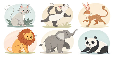 Obraz premium Six adorable cartoon animals isolated on transparent background