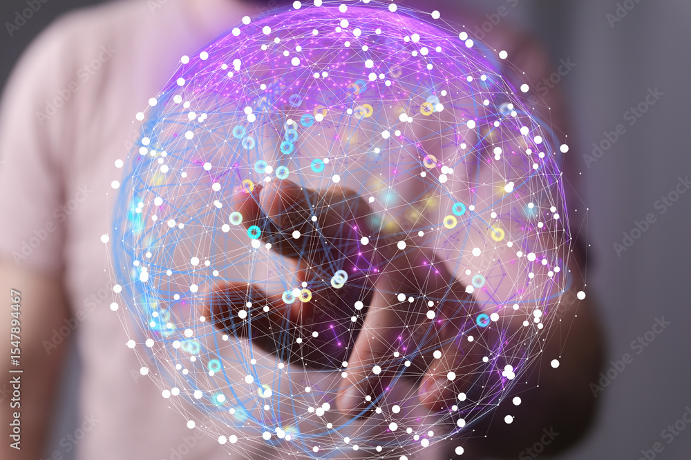 Aufkleber Abstract image of a hand interacting with a digital sphere, representing global networking and connectivity.