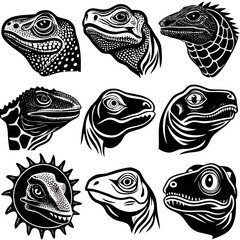 Nine lizard heads in black and white style isolated on transparent background