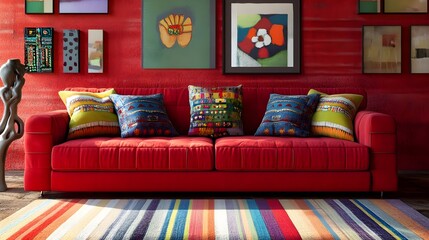 Red sofa, Couch, Living room, Red Sofa in a Vibrant, Artistic Living Room