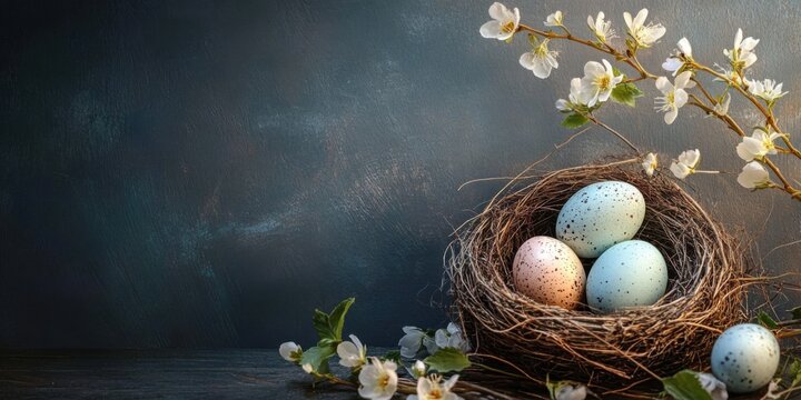 decorated Easter eggs in nest and spring flower on table background
