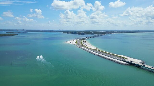 Aerial view of sanibel island causeway with fort myers in distance 