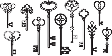 set of vector silhouettes of keys with heart