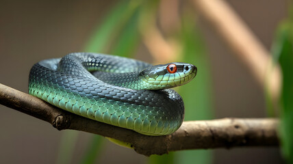 Fototapeta premium A macro shot of a coiled snake with red eyes and shiny blue scales. The snake is coiled on a branch.