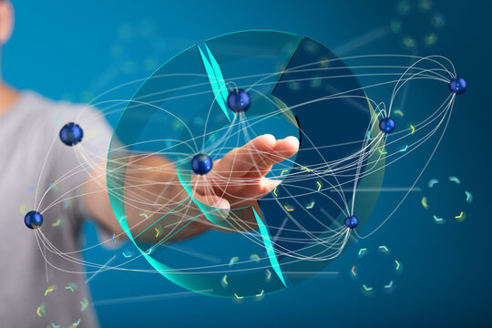 Hand interacting with a digital network, showcasing global connectivity and data flow. - Powered by Adobe