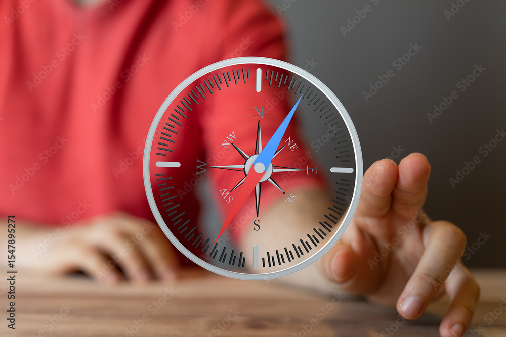 Poster stock photo of a person using a compass, symbolizing direction, guidance, and navigation.