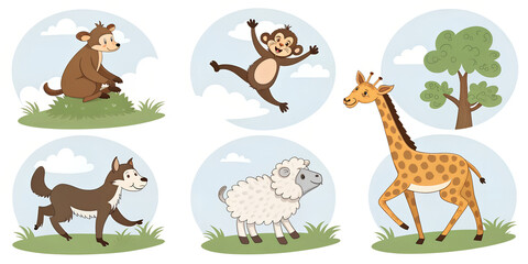 Fototapeta premium Cute cartoon animals set isolated on transparent background