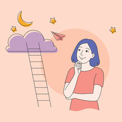 Happy young girl dreaming about the future flat line vector illustration.