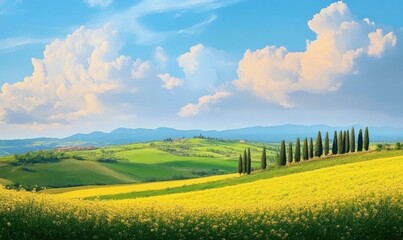 Obraz premium art Impressive spring landscape- view with cypresses and farm fields- Tuscany- Italy- countryside rolling hills