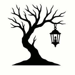 A vector illustration of a black silhouette of a tree in a pot with a bird on a branch, perfect for autumn or Halloween design art