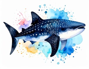 A beautiful watercolor painting of a whale shark with a vibrant background
