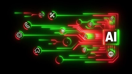 Neon Digital Data Transfer Animation Ai Circuit Interface Neon Circuit Board Flow – Secure Data Sharing .Multi agent AI systems ,Automate daily Tasks Smart concept Abstract technological background