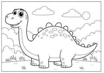 Coloring pages. cartoon dinosaur with rocky mountain theme coloring page. easy coloring page for kids. ready to print on standard A4 or 8.5x11 inch paper. © Reyhanna