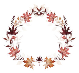 Watercolor autumn round wreath symmetric frame. Orange, beige, burgundy, pink fall maple leaves, wild brown branches. Hand drawn style illustration. Watercolour artistic template design.