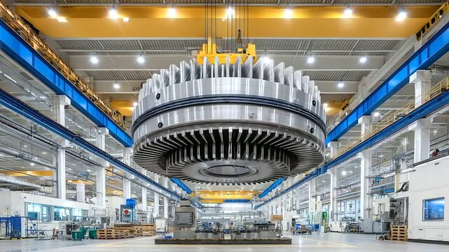 Massive flywheel and gear assembly suspended by cranes inside an industrial power plant, ready for installation