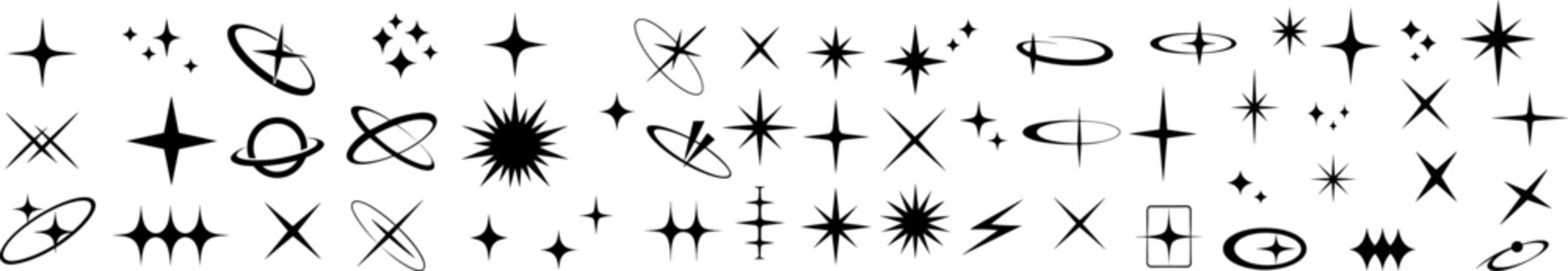 Set of 50 minimalist black vector icons featuring starbursts, sparkles, atomic orbits, rings and lightning shapes on white background for cosmic, science or decorative design projects.