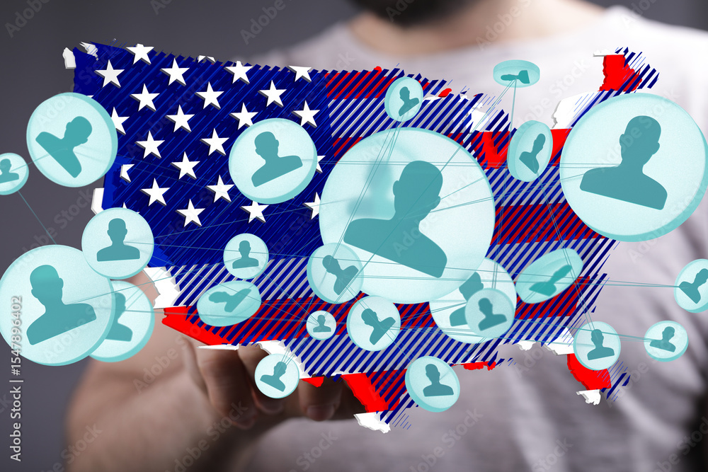 Poster visual representation of social connections and networks within the united states.